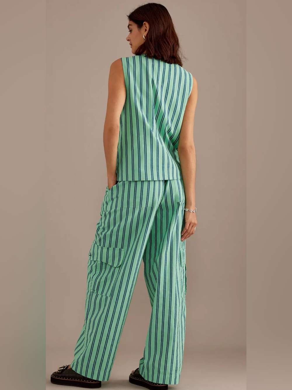 Damson Madder Cotton Linen Sydney Coastal Cargo Pants Mint Stripe UK 10 US 6 - Picture 6 of 13
